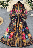 Women's Spring Retro Elegant Print High Neck Lantern Sleeve Holidays Dress