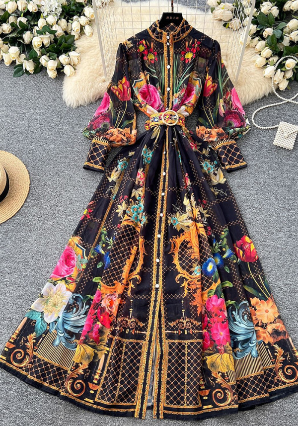 Women's Spring Retro Elegant Print High Neck Lantern Sleeve Holidays Dress