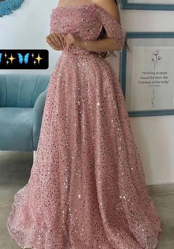 Women's Pink Off Shoulder Beaded Ball Gown（Processing time need 3-6 days）