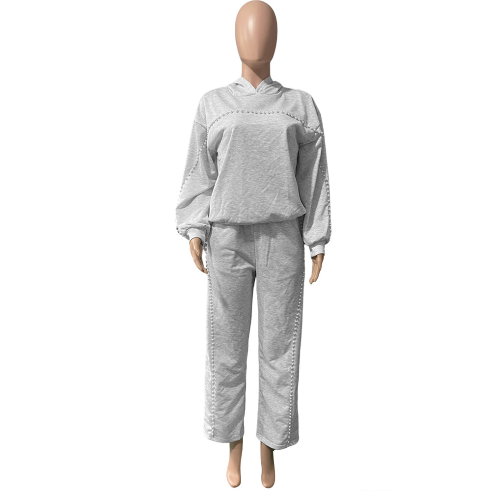 Women's Winter Beaded Hooded Hoodies Sweatpants Two-Piece Casual Sportswear Set