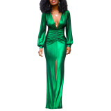 Women's Sexy Slim Deep V-Neck Pleated Slit Dress