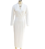 Women's Autumn Winter Solid Color Chic Elegant V-Neck Slim Waist Slit Dress