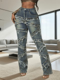 Women's Multi-Process Stripes Blue Denim Pants