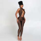 Women's Autumn Halter Neck High Neck Cut-Out Low Back Sexy Jumpsuit