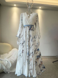 Women's Digital Print V-Neck Long-Sleeve Pleated Maxi Dress