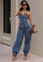 Women's Strapless Denim TTop Stretch Pants Casual Set Women's Strapless Denim TTop Stretch Pants Casual Set