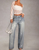 Women's Straight Denim Mid Waist Stretch Rhinestone Casual Pants