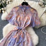 Women's Spring French Elegant Stand Collar Short Sleeve Slim Waist Print Dress