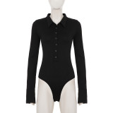 Women's Autumn Winter Long Sleeve Tight Fitting Turndown Collar Solid Color Slit Flared Sleeve Bodysuit