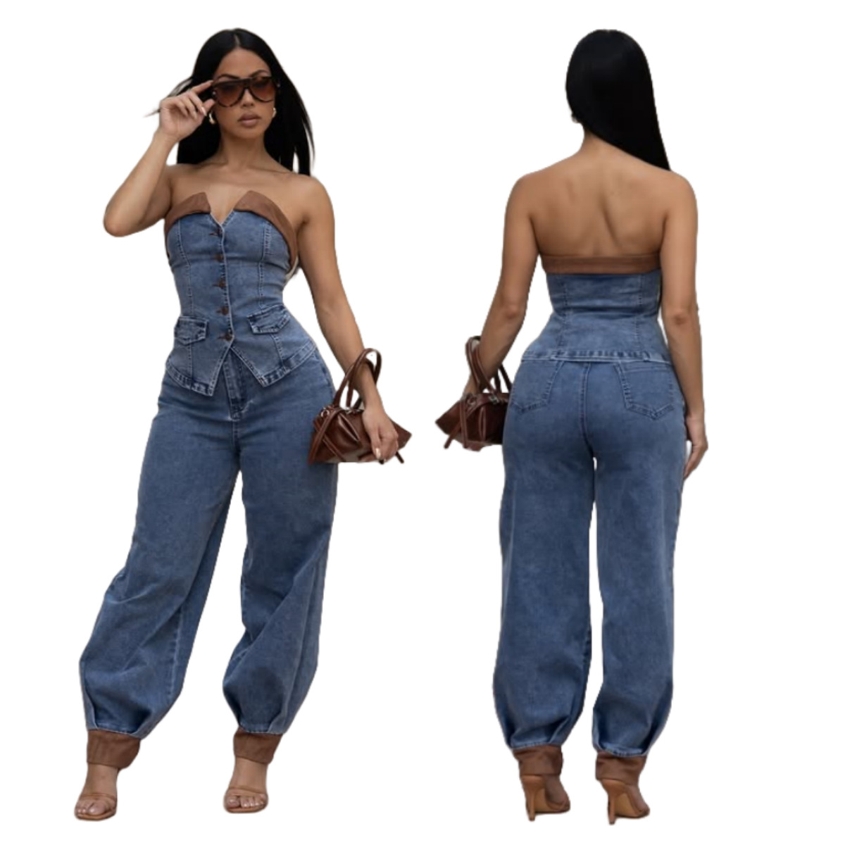 Women's Strapless Denim TTop Stretch Pants Casual Set