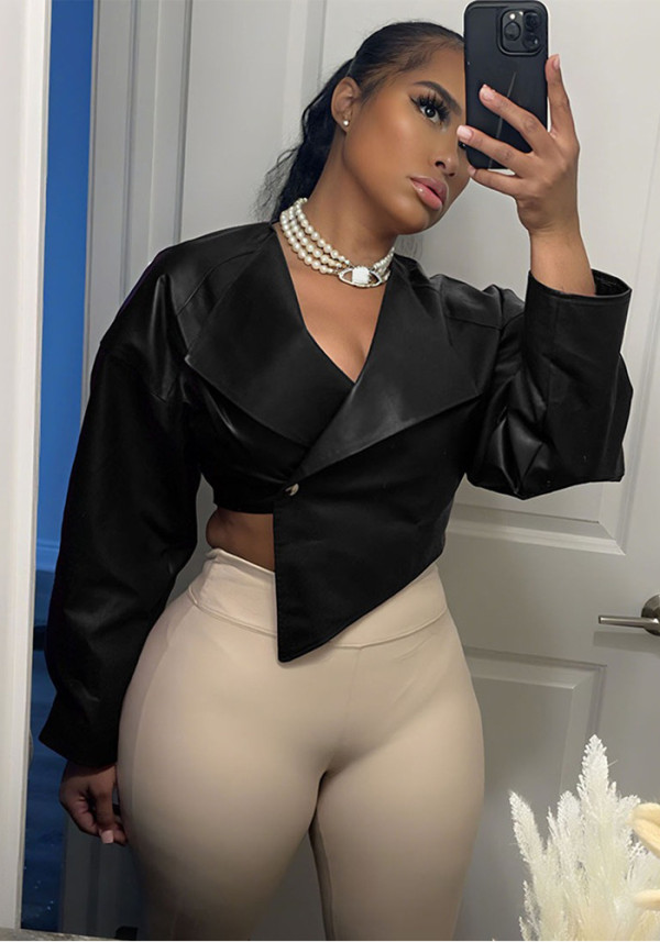 Women's Autumn Winter Fashion Slim Waist Crop Pu Leather Casual Jacket