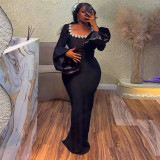 Women's Bell Bottom Long Sleeve Diamond Square Neck Bodycon Bandage Gown
