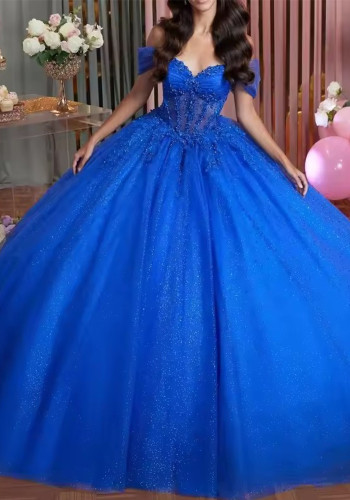 Women's Blue Shining Sweetheart Off Shoulder Lace Beads Puffy Dress（Processing time need 3-6 days）