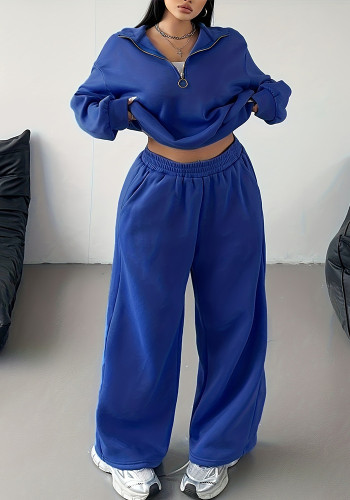 Plus Size Women's Fashion Solid Color Zipper Loose Straight Pants Set