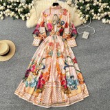 Women's Spring Retro Elegant Print High Neck Lantern Sleeve Holidays Dress