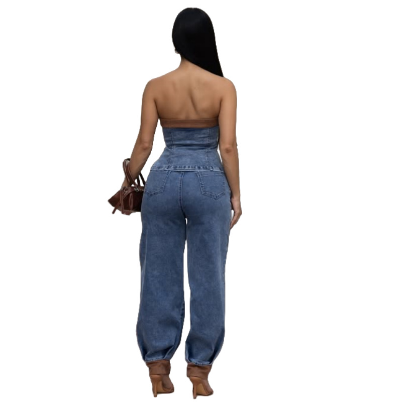 Women's Strapless Denim TTop Stretch Pants Casual Set