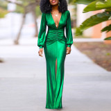 Women's Sexy Slim Deep V-Neck Pleated Slit Dress