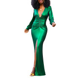 Women's Sexy Slim Deep V-Neck Pleated Slit Dress