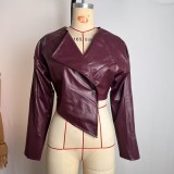 Women's Autumn Winter Fashion Slim Waist Crop Pu Leather Casual Jacket