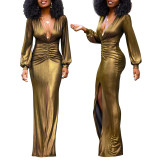 Women's Sexy Slim Deep V-Neck Pleated Slit Dress