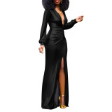 Women's Sexy Slim Deep V-Neck Pleated Slit Dress
