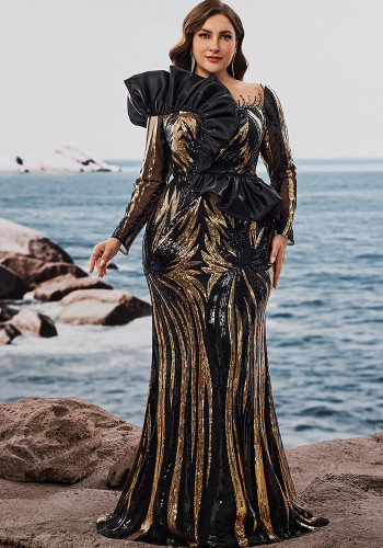 Women's Long Sleeve Sequins Embroidery Mermaid Formal Elegant Luxury Beaded Gown