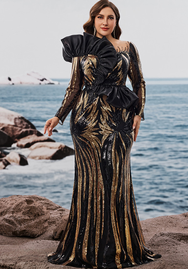 Women's Long Sleeve Sequins Embroidery Mermaid Formal Elegant Luxury Beaded Gown