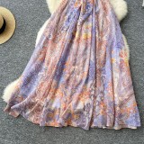 Women's Spring French Elegant Stand Collar Short Sleeve Slim Waist Print Dress