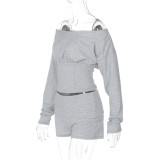 Women's Autumn Winter Off Shoulder Lace-Up Cropped Top Shorts Two-Piece Set
