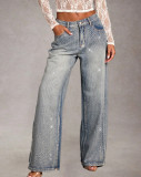 Women's Straight Denim Mid Waist Stretch Rhinestone Casual Pants
