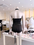 Women's Summer Rivet Slash Shoulder Shorts Set
