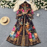Women's Spring Retro Elegant Print High Neck Lantern Sleeve Holidays Dress