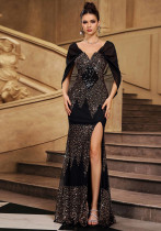 Women's Cape V-Neck Sequins Formal Party Slit Evening Gown