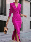 Women's Autumn Winter Solid Color Chic Elegant V-Neck Slim Waist Slit Dress