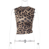 Women's Leopard Print Round Neck Sleeveless Slim Camisole Top
