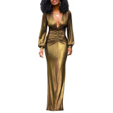 Women's Sexy Slim Deep V-Neck Pleated Slit Dress