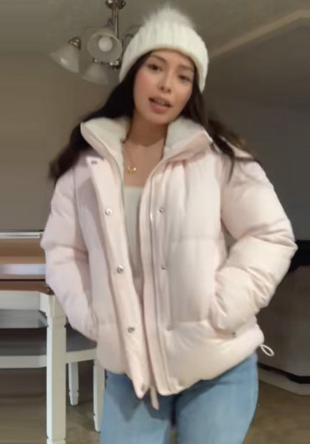 Women Pink Detachable Hood Padding Jacket