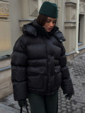 Women Black Winter Square Pocket Hooded Padding Coat