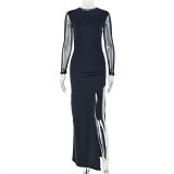 Women Slit Solid Round Neck Long-Sleeved Bodycon Dress