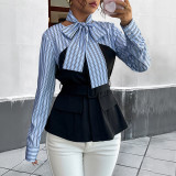 Women Spring/Autumn Striped Patchwork Elegant Shirt Top