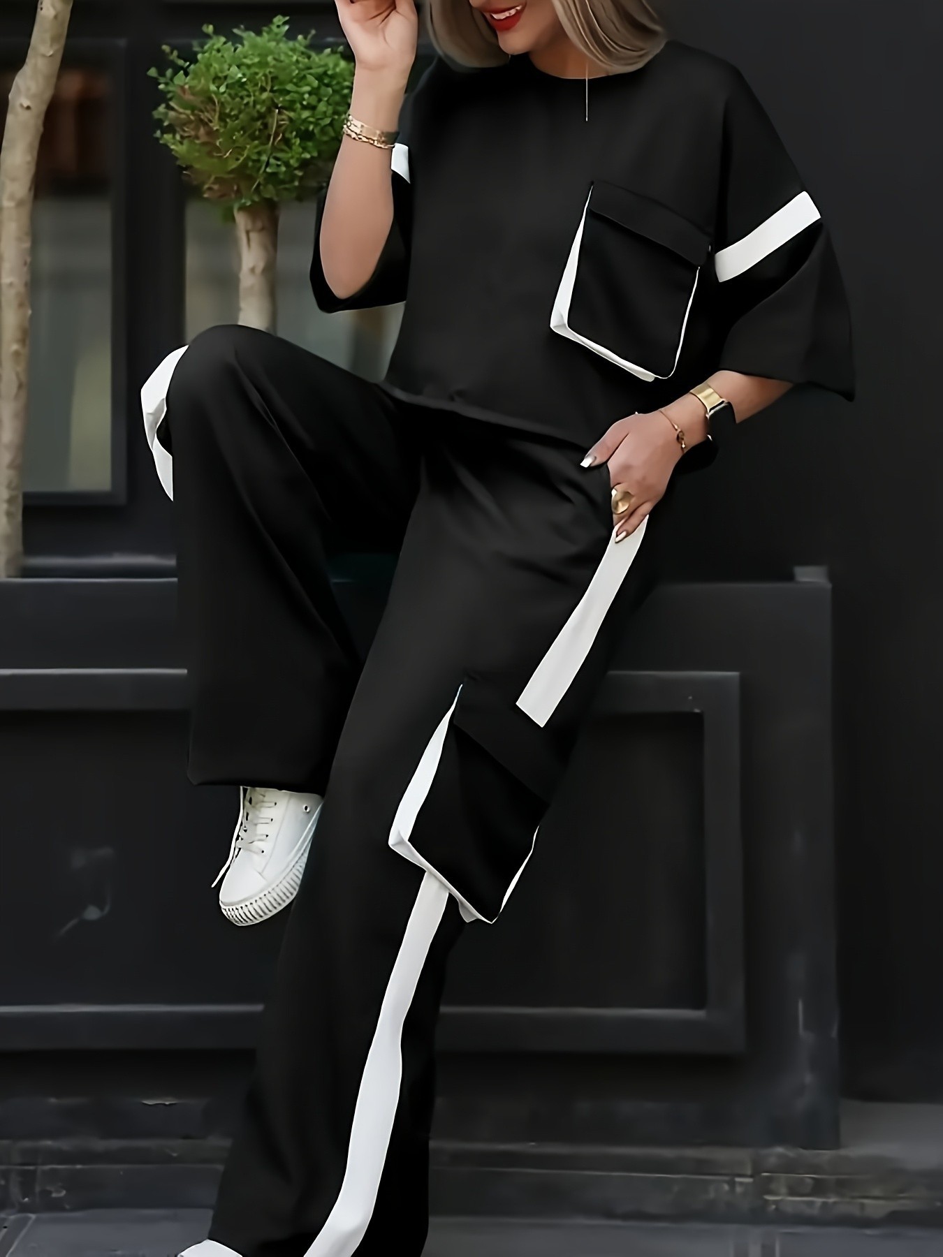 Women Casual Pocket Patchwork Top and Pant Two-Piece Set