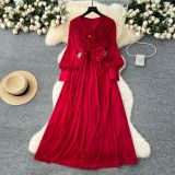 Women French Floral V-Neck Lantern Sleeve Maxi Dress