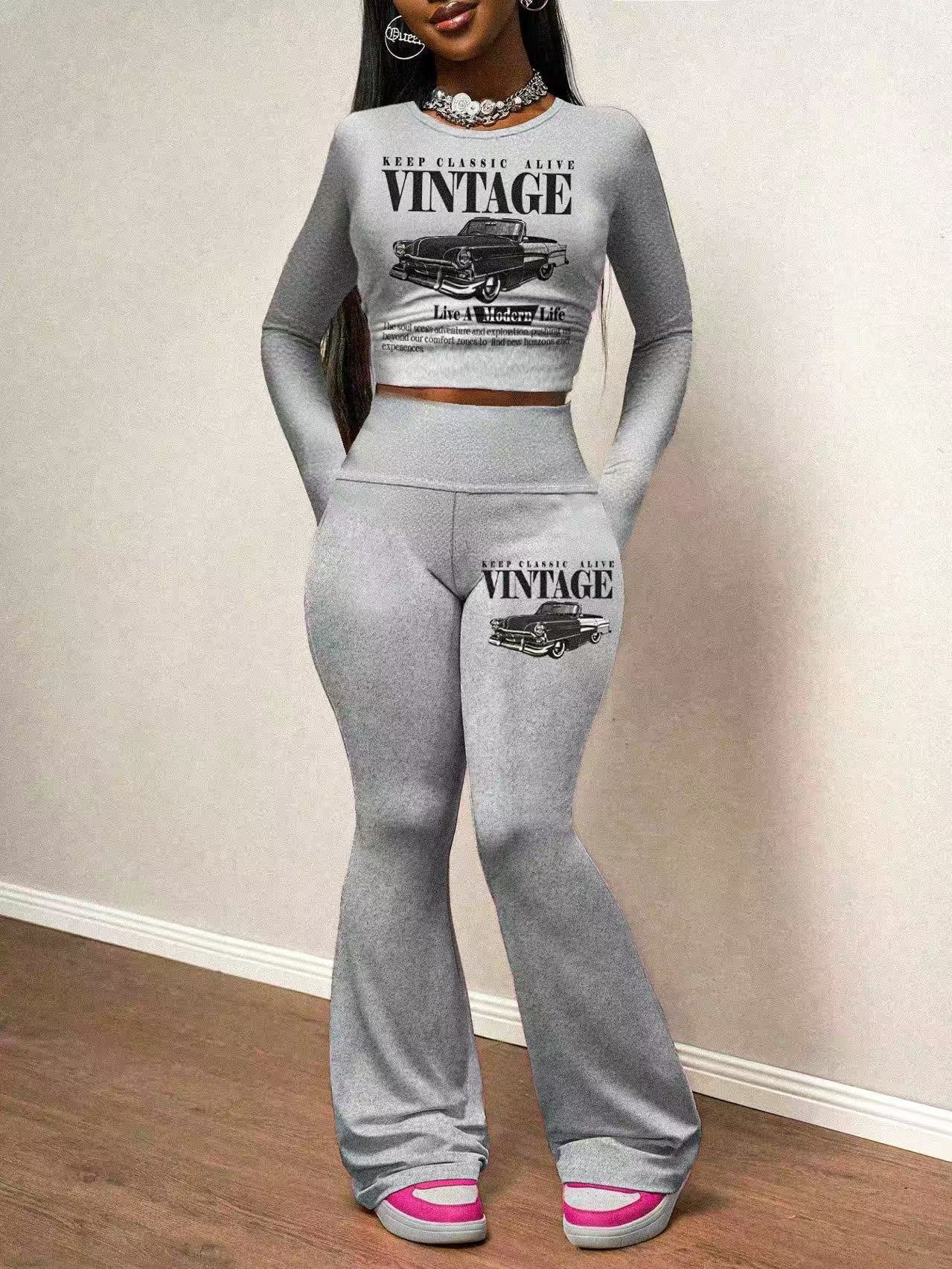 Women Letter Print Long-Sleeve Top and Pants Sporty Two-Piece Set