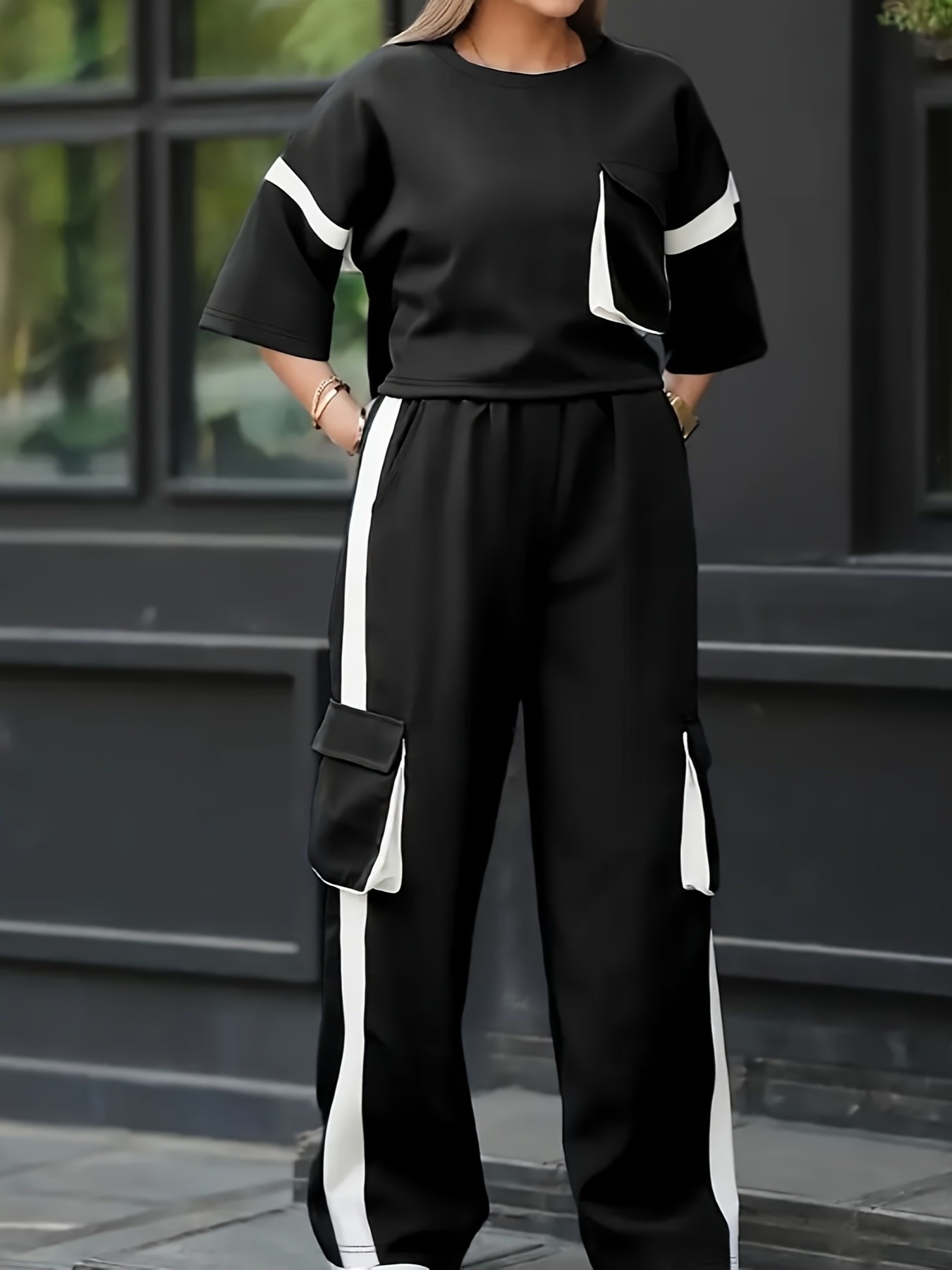 Women Casual Pocket Patchwork Top and Pant Two-Piece Set