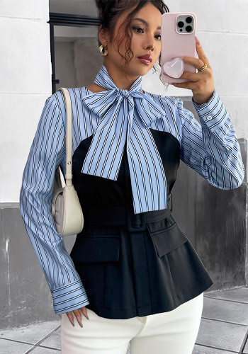Women Spring/Autumn Striped Patchwork Elegant Shirt Top