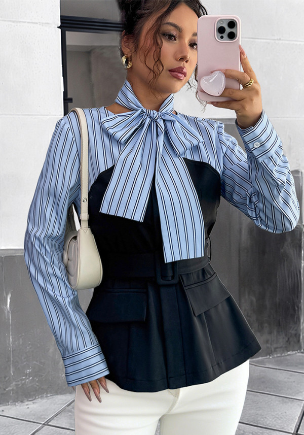 Women Spring/Autumn Striped Patchwork Elegant Shirt Top