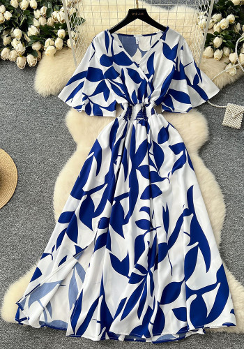 Women French V-Neck Short-Sleeve Printed Slit Maxi Dress