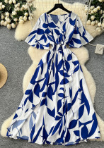 Women French V-Neck Short-Sleeve Printed Slit Maxi Dress Women French V-Neck Short-Sleeve Printed Slit Maxi Dress