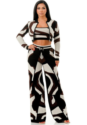Women Printed Jacket Vest and Wide-Leg Pants Two-Piece Set