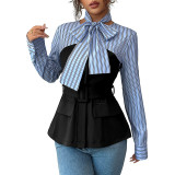 Women Spring/Autumn Striped Patchwork Elegant Shirt Top